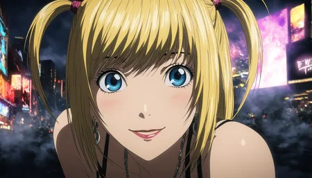 1girl, portrait of Misa Amane, death note, Modern Anime, adult female, From Death Note anime, best quality, 8K, DSLR quality, Bloom Lighting, Good Face, Beautiful Face, Slim, highly detailed, glow, extreme details, fog, smoke, blond hair, full body, long shot, wide shot, happy, smile, perfect eyes, <lora:perfect-eyes:1>, perfecteyes, eyes reflection, detailed eyes, upper body, hdr quality, full of color, smoke, cinematic, night, moon light, 2010s, windy, hair swaying in wind, purple nail polish, nigh time, blue eyes, grainy, chromatic aberration, adult woman, Depth of field effect, uwu, cute, blush, perfecteyes, eyes reflection, detailed eyes, upper body, shy smile, hdr quality, hands doing cute pose, full of color, smoke, detailed hands, 5 fingers, good hands, cinematic, in city, times square, no crowd, <lora:misa_amane-step00000862:1>