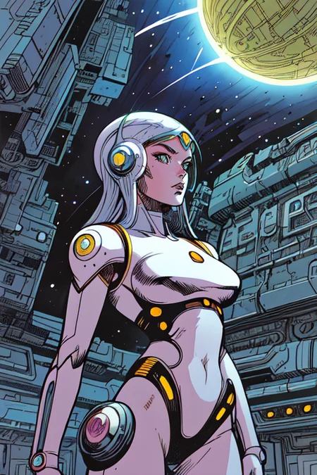 2d artwork, line artwork, comic aesthetics, (upper body:1.5), gorgeous space woman, surreal, breathtaking high-tech hardware background, line noise, ancient, retrofuturism, old comic paper,
<lora:MoebiusStyle:1>