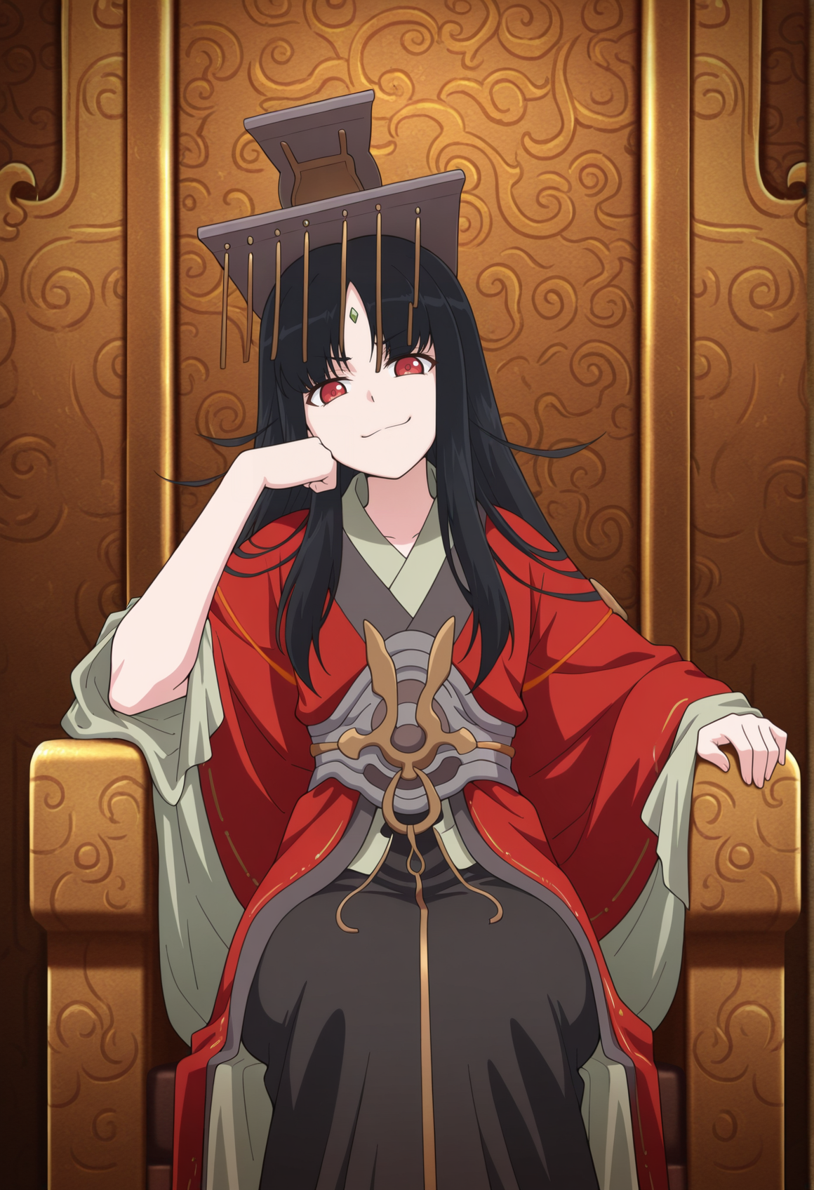 1girl, solo, very long hair, black hair, red eyes, forehead jewel, chinese clothes, red kimono, guan hat, sitting, throne, smug, arm rest, bored, looking at viewer,   <lora:Empress_ken_en_ken:1>, masterpiece, best quality, amazing quality, very aesthetic, absurdres, highres, newest