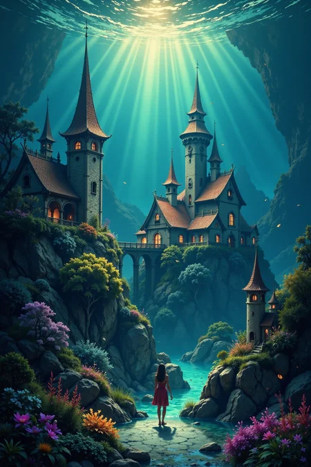 a fantasy underwater village beautiful  landscape, early morning, woman, very intricate, very detailed, sharp, bright, colorful, <lora:Hand v2:0.5> <lora:Anti-Blur:1><lora:Insane Detail Slider:0.25>  <lora:flux.1_lora_flyway_Epic-detail_v2:0.3> <lora:fluxenhancer:0.25> <lora:ROWER:0.8>  <lora:Anime art - Variant 2:0.6>