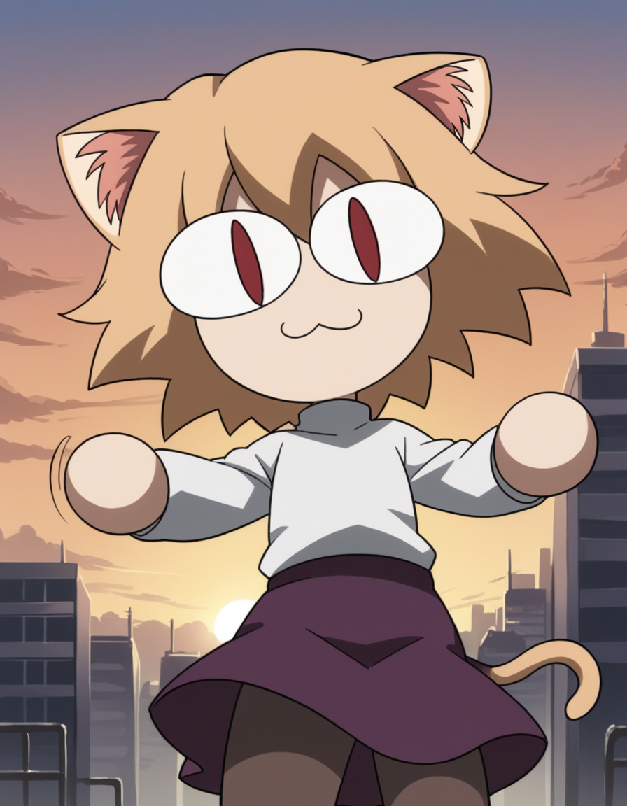 score_9, score_8_up, score_7_up, source_anime, <lora:carnivalphantasm-neco-arc-ova-ponyxl-lora-nochekaiser:1>, neco arc, short hair, blonde hair, red eyes, animal ears, tail, cat ears, chibi, cat tail, slit pupils,, skirt, pantyhose, sweater, purple skirt,, rooftop, sunset, cityscape, quiet moment, wind blowing, contemplative, smile, looking at viewer, from below, solo,, dutch angle, cowboy shot