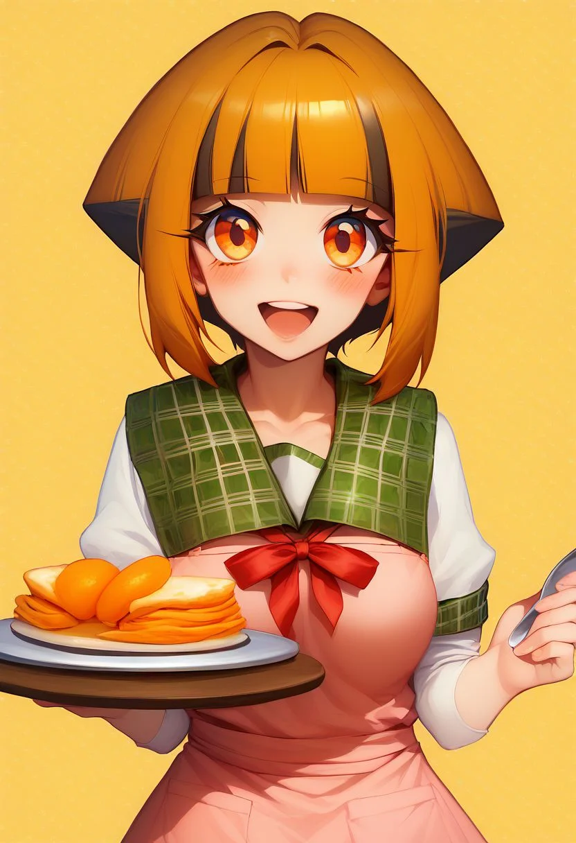 score_9, score_8_up, score_8, medium breasts, cute, eyelashes,  curvy, 
zzGardenia, orange eyes,,  :d, apron, blouse, blush,  holding, holding plate, long hair, open mouth, pink apron, plaid, plaid sailor collar, plate, red ribbon, ribbon, sailor collar, shirt, smile, solo, upper body, white shirt