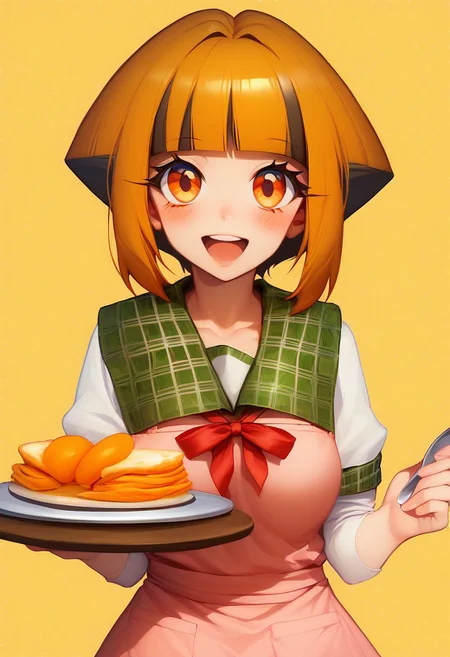 score_9, score_8_up, score_8, medium breasts, cute, eyelashes,  curvy, 
zzGardenia, orange eyes,,  :d, apron, blouse, blush,  holding, holding plate, long hair, open mouth, pink apron, plaid, plaid sailor collar, plate, red ribbon, ribbon, sailor collar, shirt, smile, solo, upper body, white shirt