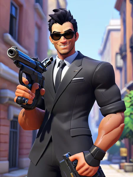 ForniteStyle, spy man holding a mini gun, muscular, sunglasses, city, black hair, dark eyes, long hair, dry, elegant black suit, very happy, blush, very seductive smile,
<lora:ForniteStyleRunPod-000008:1>