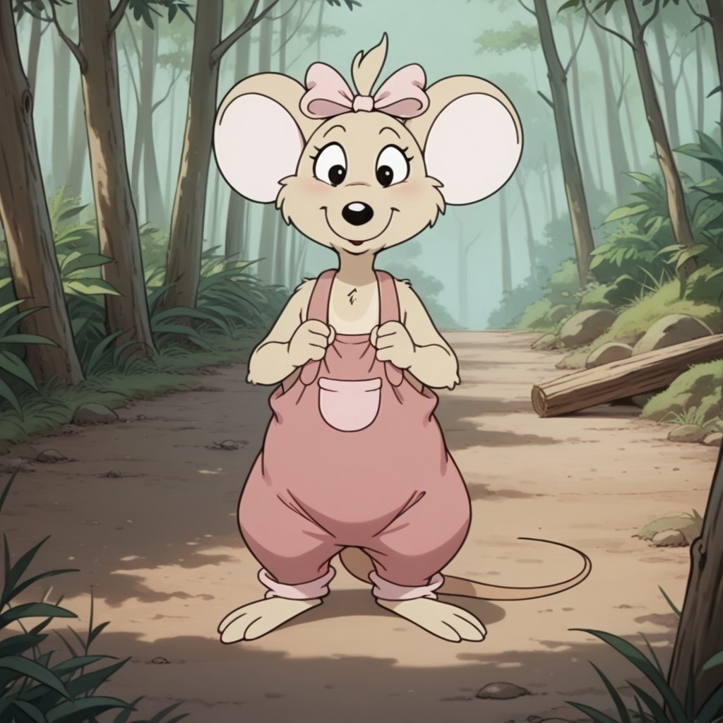 masterpiece, best quality, amazing quality, Marciabbil, semi-anthro, female, Marsupial Mouse, tan fur, black eyes, pink overalls, pink bow, hair bow, woods, standing