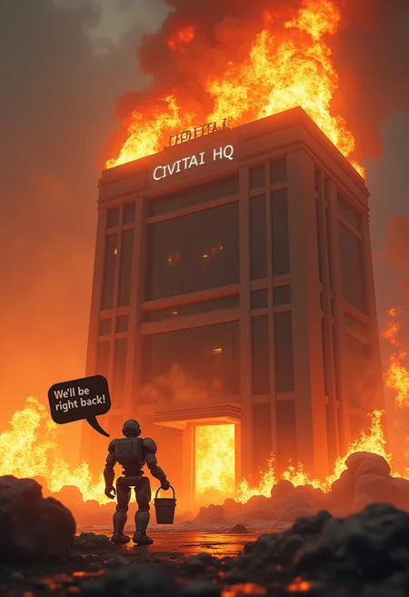 Photorealistic, masterpiece, 8k, highest quality,
A huge office building engulfed in a blazing inferno, "CIVITAI HQ" written above the entrance, a toy android holding a very small bucket of water next to it, a speech bubble coming out of robot saying "We'll be right back", robot is looking at viewer