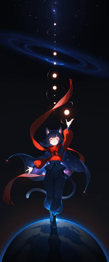 absurdres, high_quality, newest, incredibly_absurdres, very aesthetic, underlighting, film_grain, blurry_background, bokeh, grainy_texture, glint, magic, light_theme magic_user, aura, glowing, vibrant
HT-Illu, wind_lift, gradient background, red bow, arm up, cape, planet, red shirt, harem pants, black background, mole under mouth, closed eyes, standing, cat girl, red scarf, bowtie, instrument, blue footwear, 1girl, solar_system, galaxy, milkyway, starry_sky