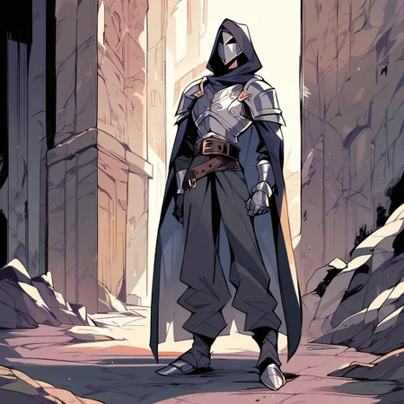 score_9, score_8up, score_7up, score_6up, HazbinStyle, HCSV1, 1man, human, male, solo, cartoon character, knight, hooded cloak, hood over head, scabbard sword, belt, silver gauntlets, silver mask, full body
Offering hand out to viewer, looking at viewer, average body, metal armor chest, tattered clothes,
indoors, convention