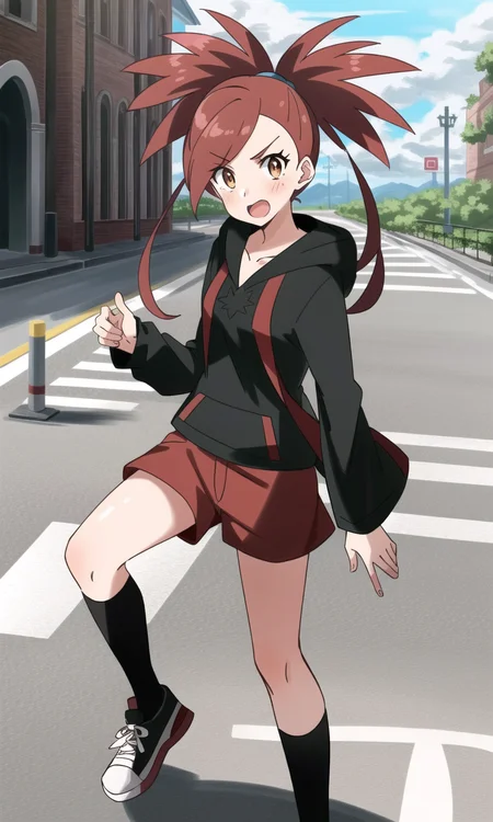 1girl, solo, outdoors, streets, day, <lora:flannery-v2-epoch-000008:0.8>, flannery \(pokemon\), red hair, standing, black hoodie, red shorts, kneehighs, sneakers,