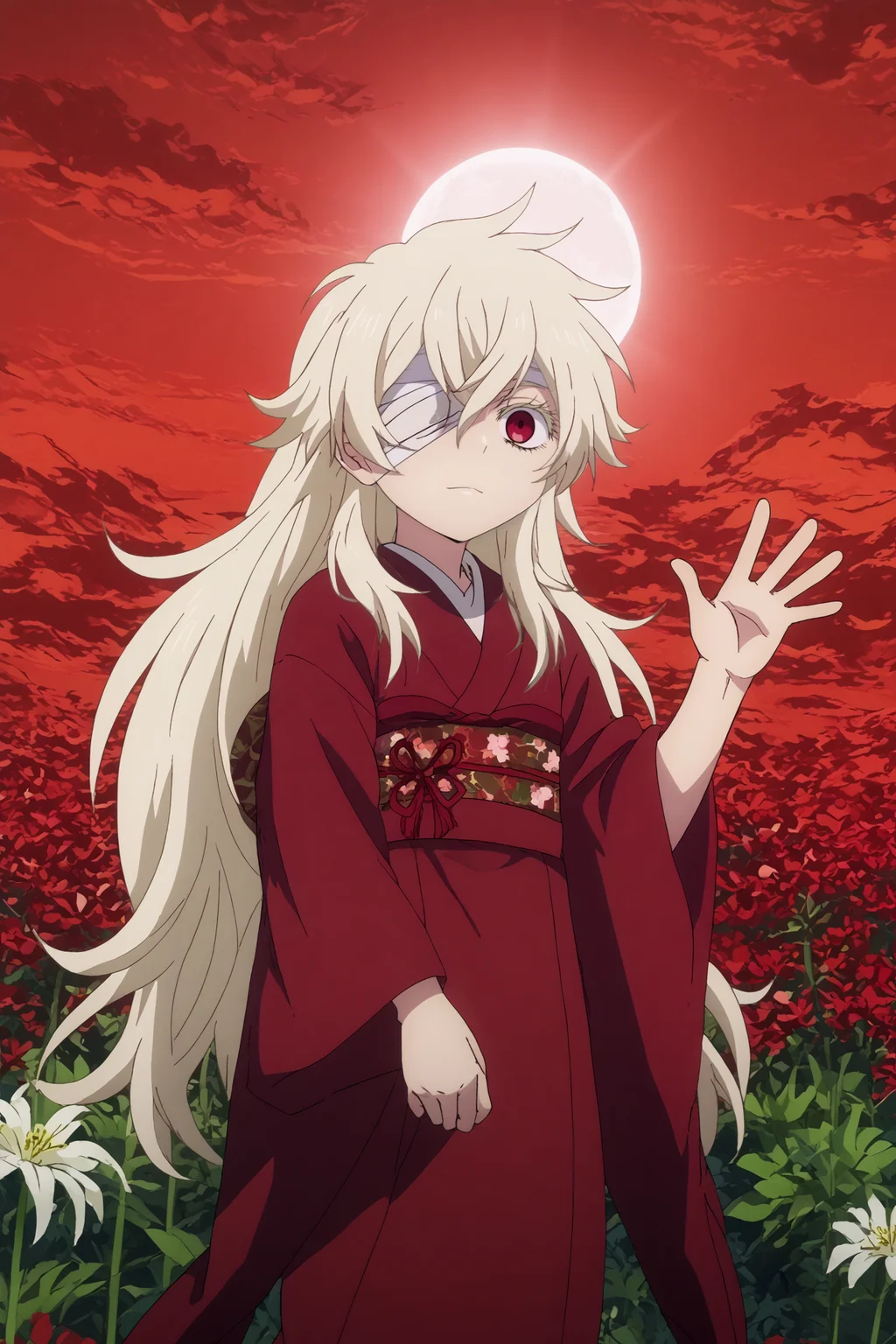 haine,1girl,solo,japanese clothes,kimono,sash,long hair,very long hair,looking at viewer,hair between eyes,red kimono,emotionless,bandages,eyepatch,waving, BREAK outdoors,red sky,crescent_moon,spider lily flower field, red flower wreath,moon <lora:Haine_-_Summer_Time_Rendering.safetensors:0.8> <lora:detailed_backgrounds_v2.safetensors:0.5> <lora:Spiderlily.safetensors:0.8>