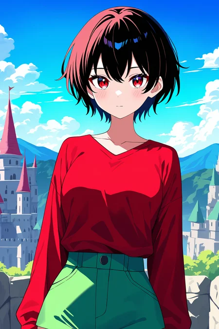 Clip L masterpiece, best quality, newest, absurdres, highres, safe, closeup of a cut anime girl, red shirt, green shorts, fairytale castle in the background,clip Gmasterpiece, best quality, newest, absurdres, highres, safe, closeup of a cut anime girl, red shirt, green shorts, fairytale castle in the background,