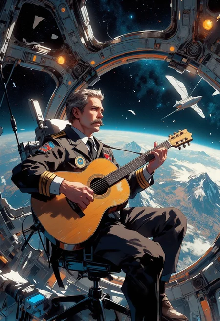Chris Hadfield's Orbital Concert
"Mh1$AgThS2
Commander Chris Hadfield appears in dramatic tilted closeup inside the International Space Station's Cupola, his acoustic guitar floating before him as he performs against the most spectacular backdrop any musician has known. Earth's curved horizon fills the wraparound windows, transitioning from the azure blue of oceans to the velvet black of space. The guitar's strings vibrate with visible sound waves that manifest as ripples of golden light, while Hadfield's famous mustache catches the reflected glow of Canada passing below, its cities creating constellations of human presence across the nightside landscape. The commander's CSA patch gleams with pride as he becomes the first human to record a music video in orbit, his rendition of "Space Oddity" creating an emotional bridge between the cosmic and the deeply human. The wide-angle backdrop reveals the station's massive solar arrays drinking in unfiltered sunlight, powering this outpost of humanity where art and science achieve perfect harmony.
The entire composition resonates with the emotional power of music made in orbit, the warm acoustic tones contrasting with the cold technical precision of the space station.
Thin border of musical notation from "Space Oddity" that plays when viewed on an epic border background."