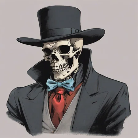 Skeleton man, black coat, red tie, neck spine not visible, hat.gun.frown.