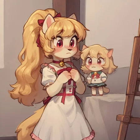chibi
Art by Phallusbro[STYLE], Phallusbro[STYLE], furry, furry art, Cartoony, Cartoon like, cutesy style,
csr style, fcNeg, updn,
NEGATIVE_HANDS, 

HD, digital painting, painting, digital art, digital media (artwork), hi res, (uploaded on e621:1.1), best quality, highly detailed, intricate details, extremely detailed, perfect hands, negative_hand, detailed, clean lines, Shaded, painted,
game CG, official art, score_9, score_8_up, score_7_up, score_6_up, score_5_up, score_4_up. 

tying up hair, pony tail, hands up, portrait, collar, bell collar,
yuri, animalistic features, concentrated, frowning,
1 girl, cat anthro, fluffy, cute, fluffy tail, scut tail, light red eyes, blonde, long hair , white body, big hair,
clothed. dress, ruffled dress, ribbons, frills, frilly dress,