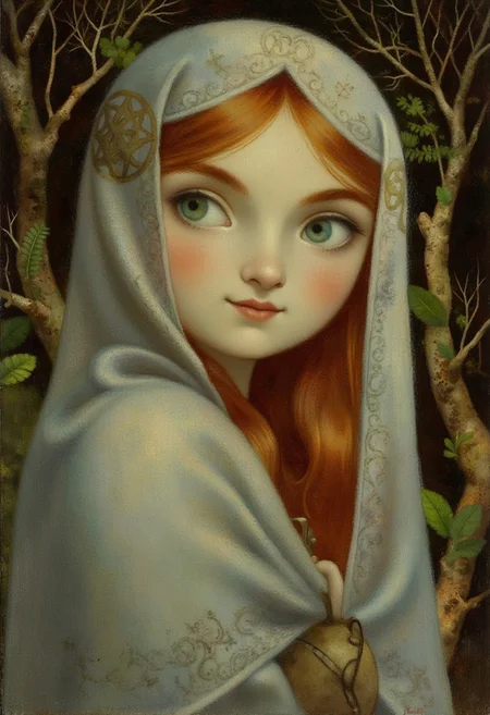 SecretKells Victorian era oil painting by Henrietta Rae, closeup upper body portrait of a beautiful young woman with red hair, her intricate translucent Celtic-patterned cloak flowing softly around her, set against a dark forest backdrop. Her eyes reflect the soft glow of magical runes on the trees, while delicate swirling lines frame her face. Animated, stylized, detailed portrait, mystical atmosphere.