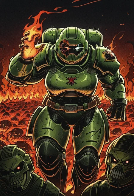 813nm0hstyle, masterpiece, best quality, solo, doomguy, armor, hell, cracked visor, red glowing eye, fueled with rage, flames,