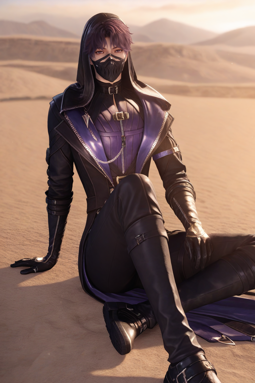 <lora:rafayel-NAI:0.7>,Rafayel, 1boy, male focus, solo, looking at viewer, pants, black pants, gloves, outdoors, Abysswalker, sitting, mask, mouth mask, arm support, desert, knee up, purple hair, yaoi,bara,male focus,very awa,masterpiece,best quality,amazing quality,nsfw,uncersored,highres,best quality,amazing quality,best aesthetic,absurdres,
