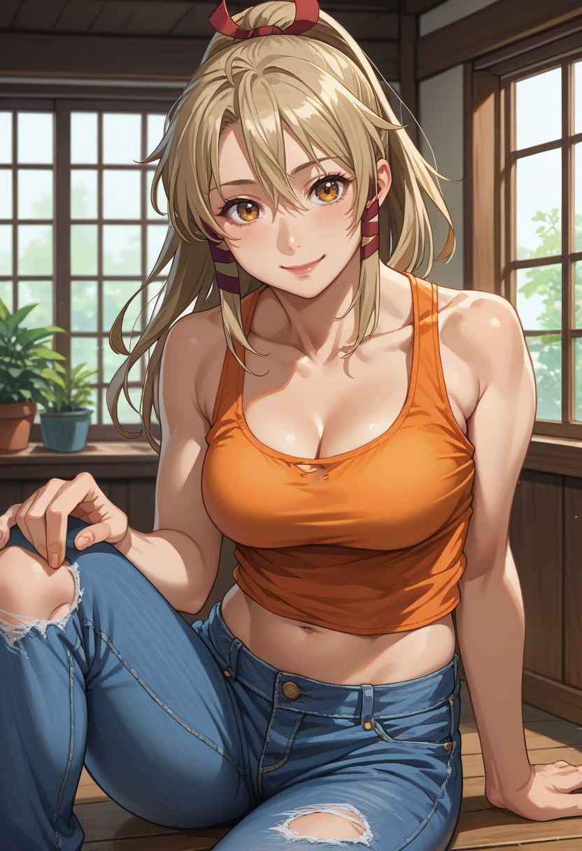 score_9, score_8_up, source_anime, 1girl, solo, Ukanomitama, long hair, high ponytail, hair ribbon, tress ribbon, orange tank top, indoors, cleavage, midriff, jeans, torn jeans, smile, athletic female, <lora:ChamUkaPonyXL:1>