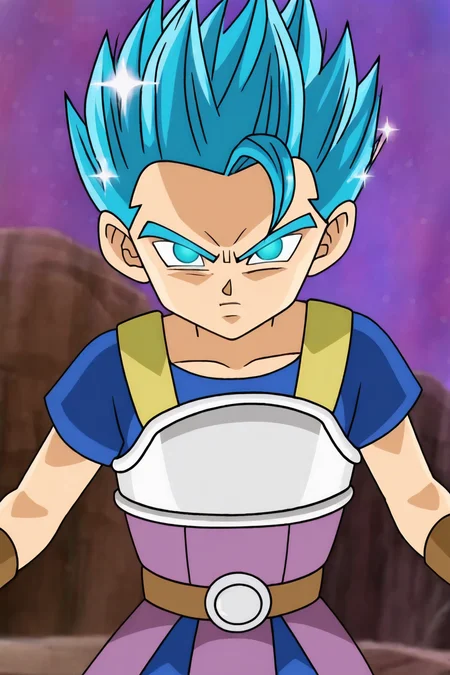 source_anime, score_9, official style, anime screencap, 
cabba, super saiyan blue, blue hair, blue eyes, spiked hair,   ((blue aura, sparkle)),  looking at viewer,
solo,1boy, male focus, collarbone, cowboy shot,
blue shirt, short sleeves,  saiyan armor, purple tunic, brown belt, blue shorts, 
v-shaped eyebrows, v-shaped eyes, blurry background,  purple sky, midair, 
 <lora:cabba_pony_v1:0.8>