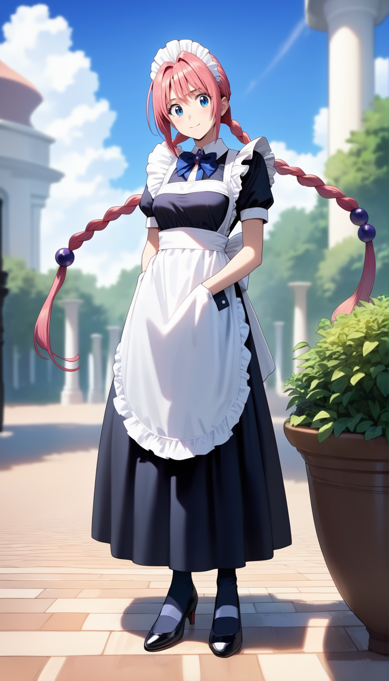score_9,score_8_up,score_7_up,
<lora:dorothy>,doroshii,1girl,solo,
long pink hair,bangs,two braided pigtails,dark purple jewels in braided pigtails,
maid headdress,maid costume,large white bow on lower back,white apron,short puffed sleeves,dark blue bow tie,black shoes,black pantyhose,
looking at viewer,smile,
outdoors,blue sky,elegant mansion with a beautiful garden and courtyard,
vignetting,blurry background,
full body,