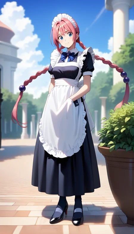 score_9,score_8_up,score_7_up,
<lora:dorothy>,doroshii,1girl,solo,
long pink hair,bangs,two braided pigtails,dark purple jewels in braided pigtails,
maid headdress,maid costume,large white bow on lower back,white apron,short puffed sleeves,dark blue bow tie,black shoes,black pantyhose,
looking at viewer,smile,
outdoors,blue sky,elegant mansion with a beautiful garden and courtyard,
vignetting,blurry background,
full body,