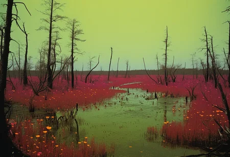Documentary, photo, film grain,static, alienworld, acid marsh, swamp, trees, vibrant color, high contrast, eldritch flowers