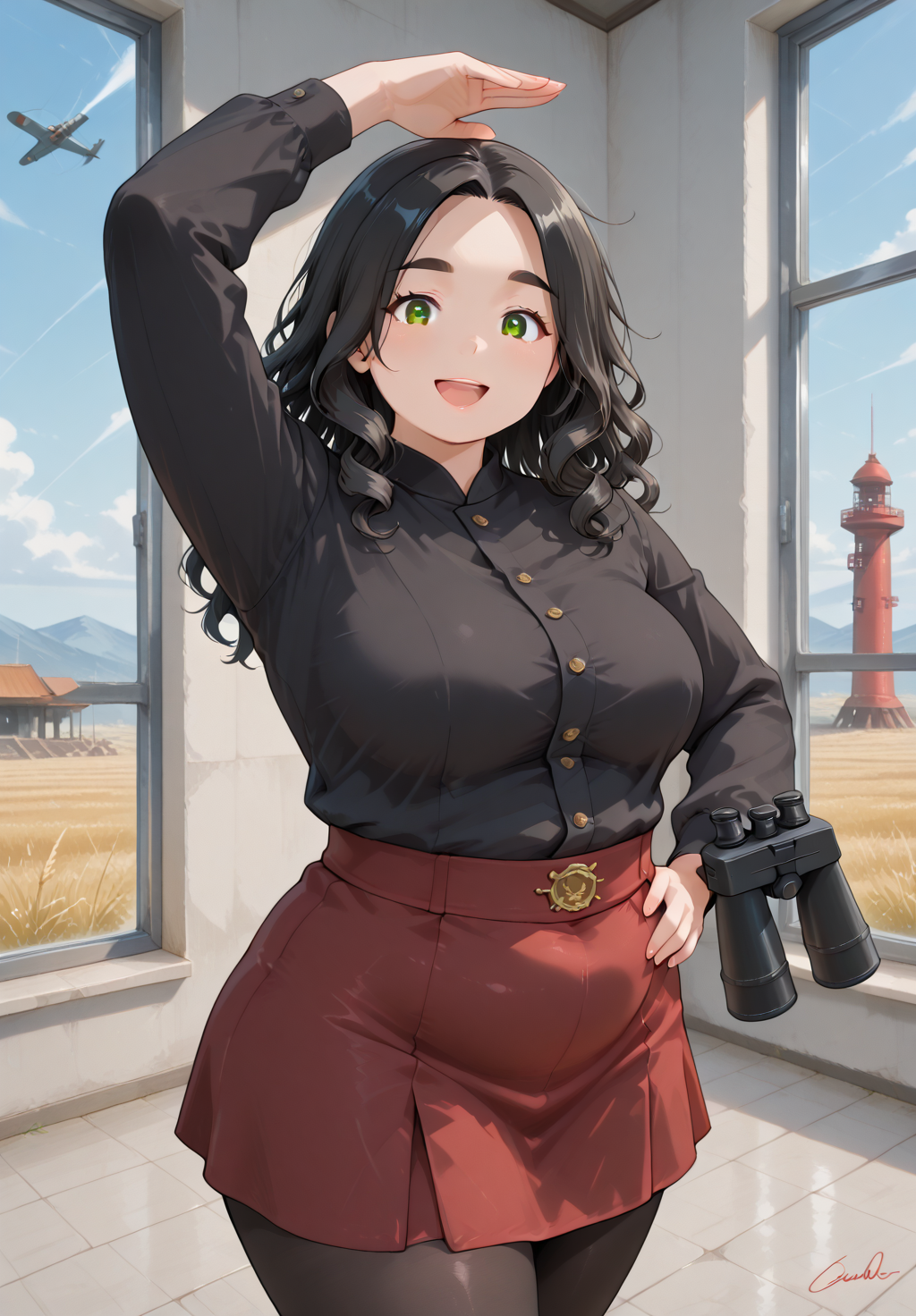 IllusP0s, PonyScores7, source_anime, ah1, IllustriousQual, interesting, exciting, spectacular, wonderful, amazing quality, absolutely eye-catching, very awa,
BREAK <lora:xl_more_art-full_v1:0.2>, <lora:aesthetic_anime_v1s:0.2>, <lora:detailxl:0.2>, detailxl, amazing quality, best aesthetic, absurdres, illustration, Volumetric_Lighting, ultra-detailed, very aesthetic, intricate details, best_quality, lazympos, <lora:Add_Details_v1.2:0.4>, <lora:quality_modifiers_masterpieces_v1:0.2>, anime style, <lora:HDA_Detailer:0.3>, <lora:natsumi_style:0.2>, <lora:by_usakun-pony:0.2>, by usakun, <lora:Akina_Bbw_Style_-_PonyXL:0.2>, AkinBw,
BREAK (((flamenco dancing, traditional flamenco outfit, (siempre, a signature pose that embodies the spirit of flamenco, the dancer holds one arm elegantly above her head while the other is placed on her hip, exuding confidence and poise)))), dynamic pose,
BREAK 1girl, mature female, (curvy), round-chin, caucasian, <lora:ETO_OC_Illustrius:0.5>, eto_oc, skindentation, (plump), thick thighs, wide hips, busty, voluptuous, round ass, large breasts, <lora:plussizegirls_IL:0.3>, <lora:plussizegirls_pony:0.3>, glistening skin, HDA_FatGirlXL, <lora:perfection style:0.2>, perfection style, perfection, 
BREAK ((balanced Color Pop, mustard A-line mini skirt, black fitted long sleeve top, (black pantyhose:1.2), dark red flats)),
BREAK (curly hair), long hair, (black hair:1.4), (parted hair:1.7), messy hair, kinky curls, detailed hair, <lora:hairdetailpxl:0.2>, hairdetailpxl,
BREAK (half green and brown eyes), (colorful eyes), (multicolored eyes), (downturned eyes:1.4), expressive eyes, perfect eyes, eyes hd, detailed eyes, (round face:1.2), (thick eyebrows:1.3), (plump face), lips, <lora:Round_face:0.2>,
BREAK (((chilling laugh expression))), Expressive, emotional, looking at viewer, Face Detailed, <lora:Expressive_H:0.2>, Expressiveh, <lora:Emotional_Anime_Expressions_PonyXL_Concept:0.2>, looking at viewer, <lora:Detailed expressive EXEV style -XL Pony V1.0:0.2>, FaceDetail, <lora:Best_Facial_Expression_Helper_XTREME_ILLU:0.4>, kaogei,
BREAK (((military base Watchtower, Tall structure overlooking the battlefield, a lone soldier scanning the horizon with binoculars, wind whipping through the narrow windows, a sense of tension in the air, the distant rumble of artillery fire))), (((upper body shot))), 4k, 8k, Ultra HD, Masterpiece, Best quality, Detailed background, foreshortening, extreme perspective, full_details, <lora:AddMicroDetails_Illustrious_v3:0.2>, addmicrodetails,