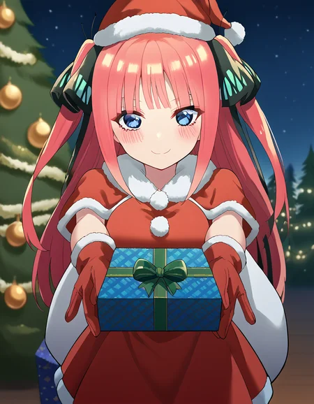 score_9, score_8_up, score_7_up, source_anime, <lora:nnakano-s2-ponyxl-lora-nochekaiser:1>, long hair, bangs, blue eyes, hair ornament, hair ribbon, pink hair, blunt bangs, two side up, butterfly hair ornament, large breasts,, <lora:santa-costume-ponyxl-lora-nochekaiser:1>, santa costume, santa hat, christmas, sack, merry christmas, gift, fur-trimmed headwear, holding sack, santa dress, fur-trimmed dress, christmas tree, christmas tree, fur trim, red capelet, gift box, red gloves, fur-trimmed capelet, santa gloves, red hat, hat,, smile, blush, looking at viewer, <lora:incoming-gift-ponyxl-lora-nochekaiser:1>, incoming gift, outstretched arms, holding, holding gift, gift, gift box,,