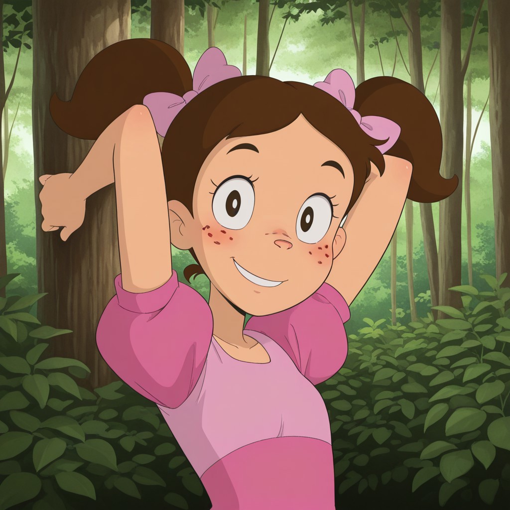 masterpiece, best quality, break, popis_ca, twintails, brown hair, hair bow, freckles, dress, puffy sleeves, arms behind head, looking at viewer, smile, upper body focus, forest