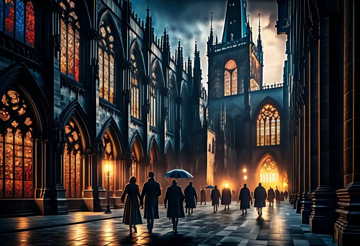 Gothic architecture celestial landscape. Medium shot. A crowd of people with lanterns and torches walk towards the entrance of a gothic cathedral in medieval Prague. Over the shoulder shot. Highly detailed dark fantasy. Intricately carved stone archways. Light from lanterns casting long shadows on stone floors. Moody, mystical atmosphere with dark blues and warm golden light. mysterious mist surrounding the cathedral, faded stained glass windows, high contrast, cinematic lighting, misty nighttime, warm fire light, stunning architecture, hyper-realistic, best quality.