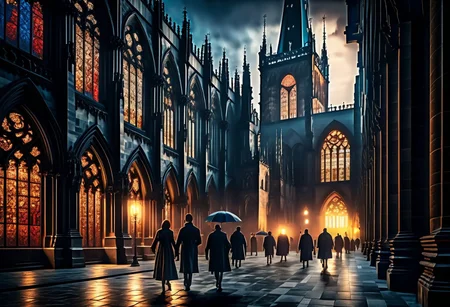 Gothic architecture celestial landscape. Medium shot. A crowd of people with lanterns and torches walk towards the entrance of a gothic cathedral in medieval Prague. Over the shoulder shot. Highly detailed dark fantasy. Intricately carved stone archways. Light from lanterns casting long shadows on stone floors. Moody, mystical atmosphere with dark blues and warm golden light. mysterious mist surrounding the cathedral, faded stained glass windows, high contrast, cinematic lighting, misty nighttime, warm fire light, stunning architecture, hyper-realistic, best quality.