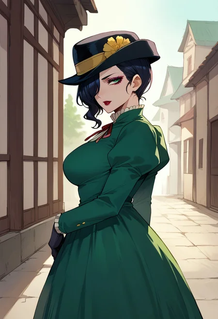score_9,score_8_up,score_7_up, 1girl, large breast, mayonesh, hat, black hair, medium hair, hair over one eye, makeup, lipstick, green dress, puffy sleeves, black gloves, thigh gap, thighs, anime, looking at viewer, Long Skirt, thin lips, side view,