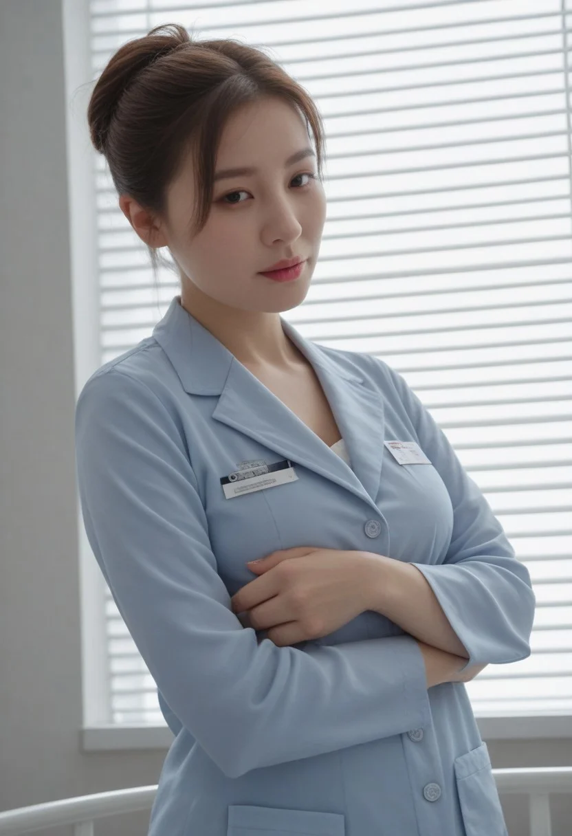 (score_9, score_8_up, score_7_up), (realistic), illustration,
dynamic lighting, realistic shadow, lifelike hair, contrast, Expressiveh,
POV, from below, from side, close-up,
1 girl, a young Kpop idol woman, nurse, nurse costume, tied hair, brown hair, large breasts, wide hips, standing, nursing, chart, thermometer,
indoors,hospital, hospital room, hospital bed, detailed background