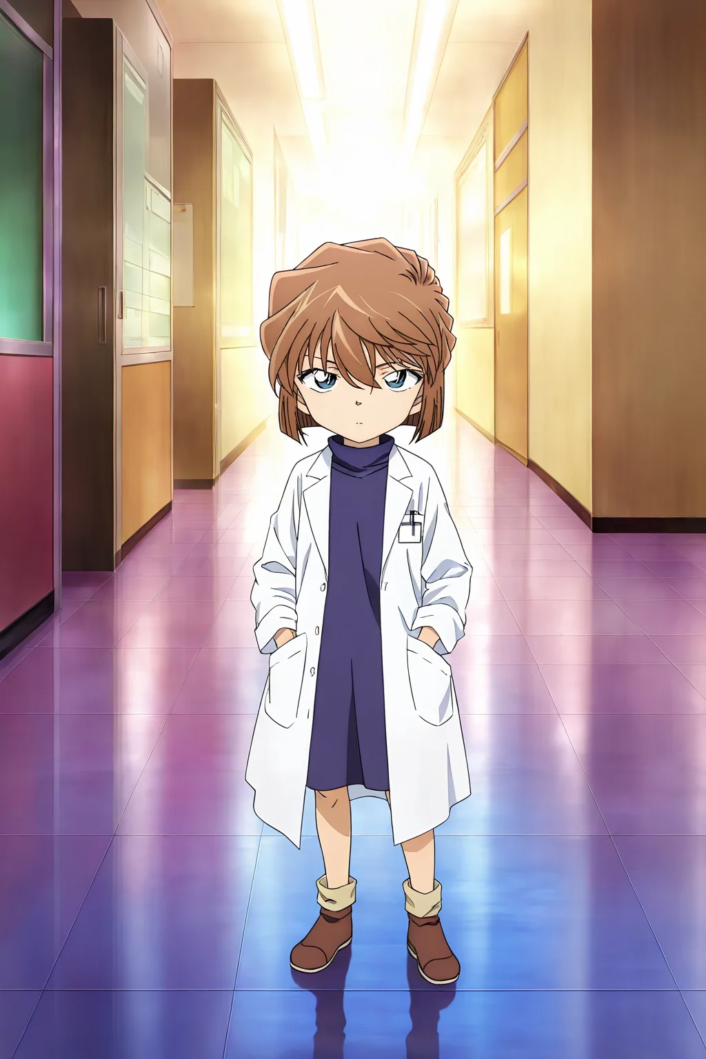 front view,
1girl,looking at viewer,full body,lab coat,hands in pockets, 
Best quality,masterpiece,soft light,official art,high quality,highres,absurdres,epic scene,natural textures,<lora:Haibara Ai IL V2:1>,haibara ai,short hair,brown hair,blue eyes,hair between eyes,female child,