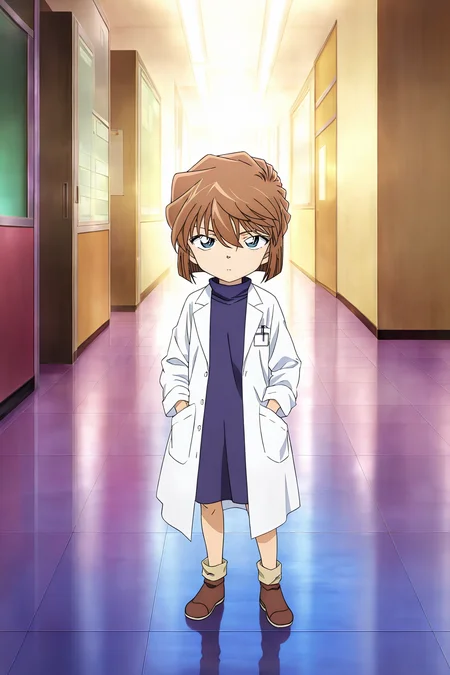 front view,
1girl,looking at viewer,full body,lab coat,hands in pockets, 
Best quality,masterpiece,soft light,official art,high quality,highres,absurdres,epic scene,natural textures,<lora:Haibara Ai IL V2:1>,haibara ai,short hair,brown hair,blue eyes,hair between eyes,female child,