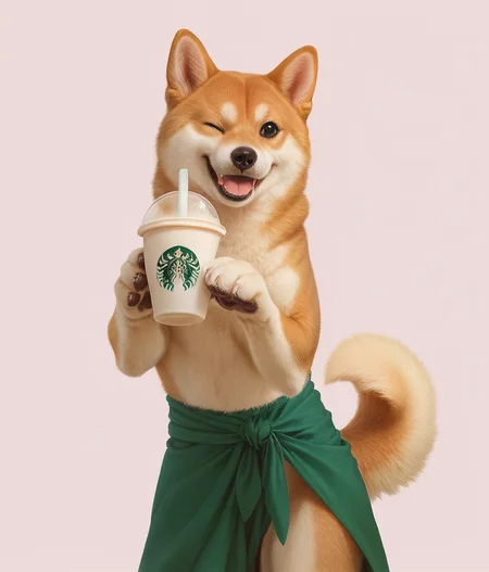 Score_9,score_8_up,score_7_up,solo,fang,dog_ears,fluffy,dog,standing,cuteg,akita inu,animal_nose,dog paws,kogetail,animal,photorealistic,<lora:Role_Akita_inu:0.6>,<lora:Style_Expressive_H_v1:0.8>,pink background,green_sarong,hold the milk tea,starbucks,wink,