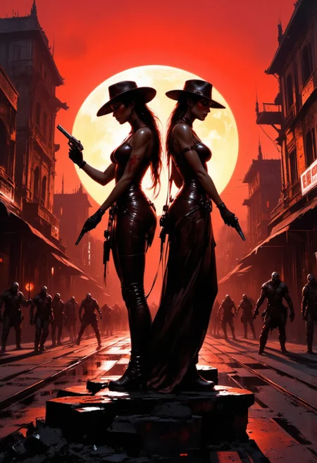 oil painting of two female gunslingers, silhouetted at sunset, stood back to back, facing opposite directions on a cyberpunk neo-western street, holding revolvers, ready to fire, surrounded by zombies approaching them, mythp0rt