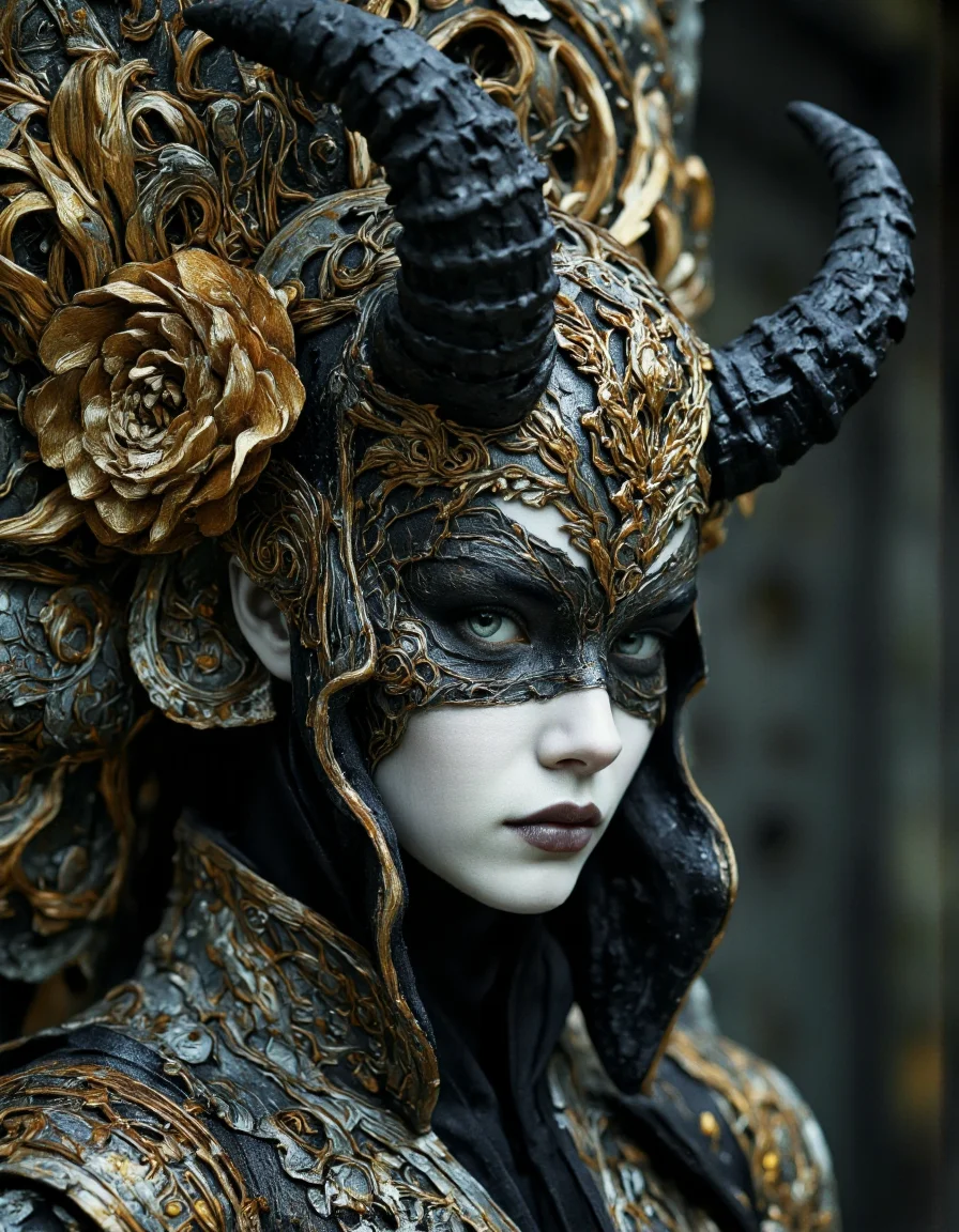 By Arthur Yuan.
A highly detailed hyperealistic photograph depicting a fantastical mythic scene in Fanmytwor style.
A mythical female humanoid creature with a striking, gothic-fantasy appearance. Her skin is pale, accentuating her dramatic makeup, which includes heavy black eyeliner, dark lipstick, and a bold, black eye mask extending down to her cheekbones. Her eyes are a striking blue, contrasting sharply with her dark makeup. She is adorned with a magnificent, ornate headdress featuring large, curved, black horns that curve upwards and outwards, adorned with gold and silver detailing. The headdress is intricately embroidered with gold and silver thread, and it includes a large, decorative, golden flower on the left side.