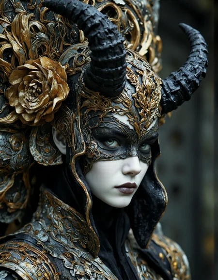 By Arthur Yuan.
A highly detailed hyperealistic photograph depicting a fantastical mythic scene in Fanmytwor style.
A mythical female humanoid creature with a striking, gothic-fantasy appearance. Her skin is pale, accentuating her dramatic makeup, which includes heavy black eyeliner, dark lipstick, and a bold, black eye mask extending down to her cheekbones. Her eyes are a striking blue, contrasting sharply with her dark makeup. She is adorned with a magnificent, ornate headdress featuring large, curved, black horns that curve upwards and outwards, adorned with gold and silver detailing. The headdress is intricately embroidered with gold and silver thread, and it includes a large, decorative, golden flower on the left side.