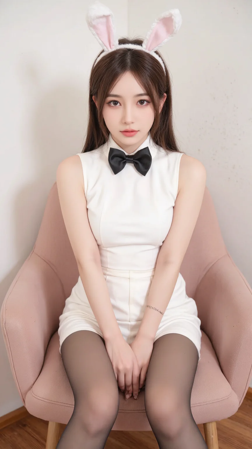 role play of female submission, A woman is sitting on a pink chair. She is wearing a white bunny ears headband. There is a white dress on the woman. She has a black bow tie around her neck. The woman has dark brown hair. She is sitting against a white wall. The floor is wooden. There is black stockings on the bottom half of the woman's legs. Her arms are crossed over her chest. she is looking directly at the camera.