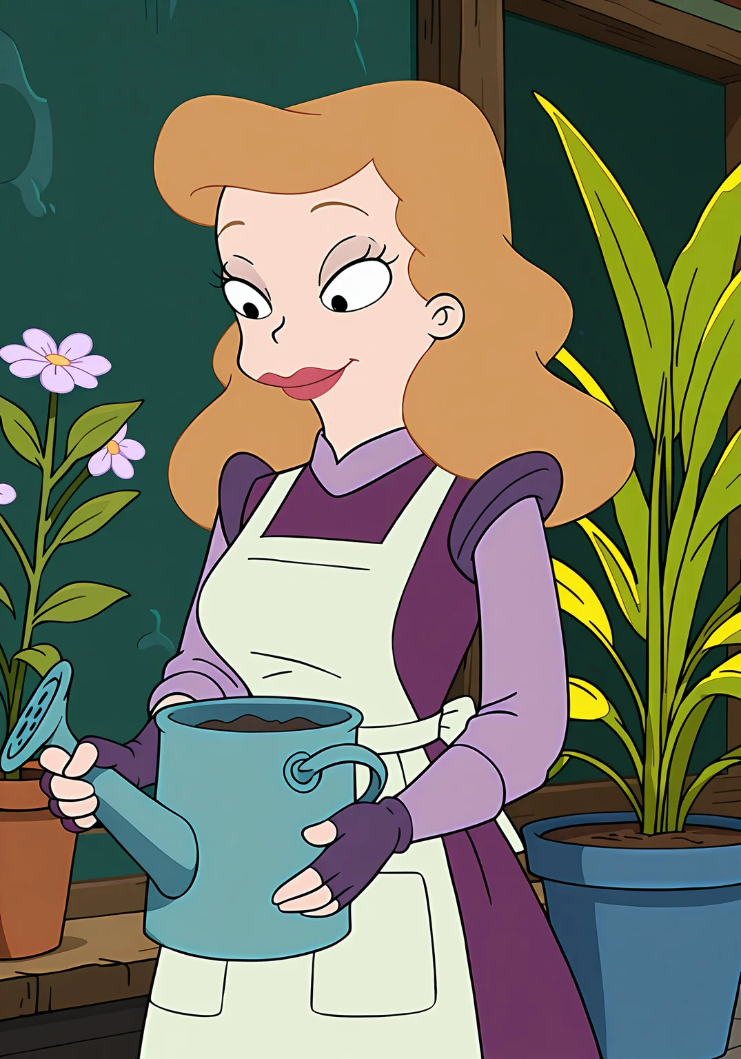 absurdres, 8k, high resolution, masterpiece, best quality, absolutely fantastic art, amazing quality, very aesthetic, <lora:futuramawomen>, futuramawomen, marianne, 1girl, solo, long hair, smile, brown hair, gloves, dress, flower, fingerless gloves, black eyes, apron, makeup, plant, lipstick, purple dress, potted plant, purple gloves, flower pot, watering can