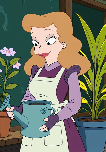 absurdres, 8k, high resolution, masterpiece, best quality, absolutely fantastic art, amazing quality, very aesthetic, <lora:futuramawomen>, futuramawomen, marianne, 1girl, solo, long hair, smile, brown hair, gloves, dress, flower, fingerless gloves, black eyes, apron, makeup, plant, lipstick, purple dress, potted plant, purple gloves, flower pot, watering can