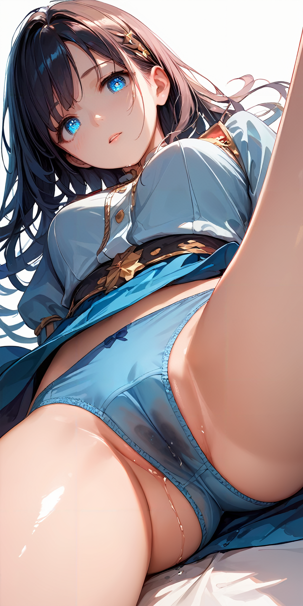 score_9, score_8_up, score_7_up,source_anime, high res image,masterpiece,best quality, girl,cute face,clear skin,shiny hair,ultra detailed eyes,simple background, <lora:shimipan_Pony_V1.0:1.2> shimipan, blue panties,pussy juice stain