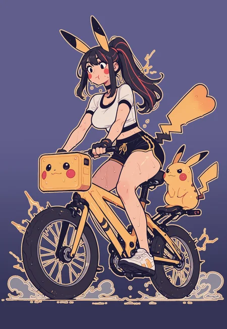 score_9, score_8_up, score_7_up, masterpiece, best quality, very aesthetic, 1woman, incoth, (incase:0.6), detailed face, (dynamic:1), pikachu girl, pikachu ears, pikachu tail, trainer outfit, crop top, dolphin-shorts, riding bike, riding generator, huge battery display, electricity, energy, lightning, sweating, Flatline, Flat vector illustration, close up, human, red cheeks, black hair, long hair, striped hair, high ponytail, mature, 
