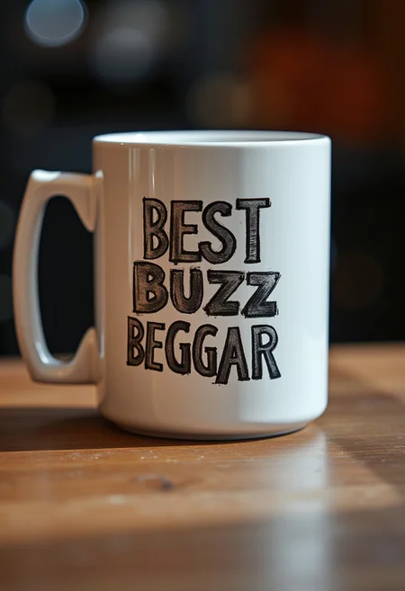 etv mix font,
a mug with the text reads "BEST BUZZ BEGGAR"