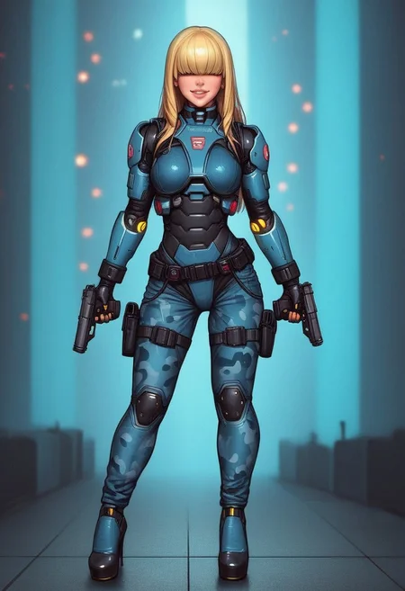 1girl, ((front view))), looking at viewer, highly detailed, from front, 1girl, skinny, looking at viewer, masterpiece, best quality,
raw, extremely detailed, hyperrealism, photo, perfect anatomy, <lora:grewishka_alita_pxl:1> source_photo, source_real, robot, cyborg, android, solo, looking at viewer, 1girl, full body, ((special force camo armor)), high heels, neon_lights, dynamic pose, pistols in hands
BREAK
fang smile, looking at viewer, long hair, ((blonde highlighting hair)), (((hair over eyes, front bangs))), long hair, dynamic pose
best quality, depth of field, bokeh, (((full clothed))), ((special force camo armor)),
BREAK
((((big futuristic gun in hands)))), (big futuristic pistol in hands:1.3), sc-fi soldier, dynamic pose, military camo armor
(((((rooftop, night city, neon lights))))) score_9, score_8_up, score_7_up, score_6_up, source_cartoon, rating_explicit, Expressiveh, (((((full body))))), dynamic pose