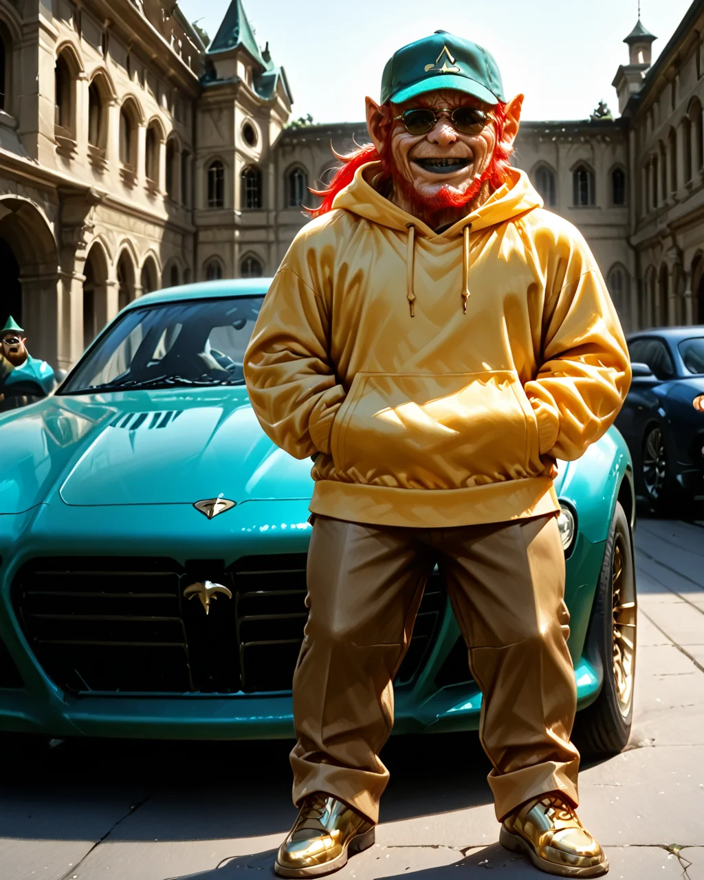 standing on the car, against the backdrop of a mansion, many sports cars, <lora:Leprechaun_Illustrious:1>, Llepr3echa1un4, 1eprehau1_n, hands in pockets, solo,boy wrinkled skin, gnome, (gold hoodie:1.3), gold baseball cap, (sunglasses:1.3), gold pants, gold shoes, black teeth, black lips, long hair (ponytail), red hair, beard, green eyes, no human, horror movie, realistic, sunny weather,, male, angry smile, smug, <lora:hand 4:1>, cyberpunk style, (cyberpunk clothing:1.3),