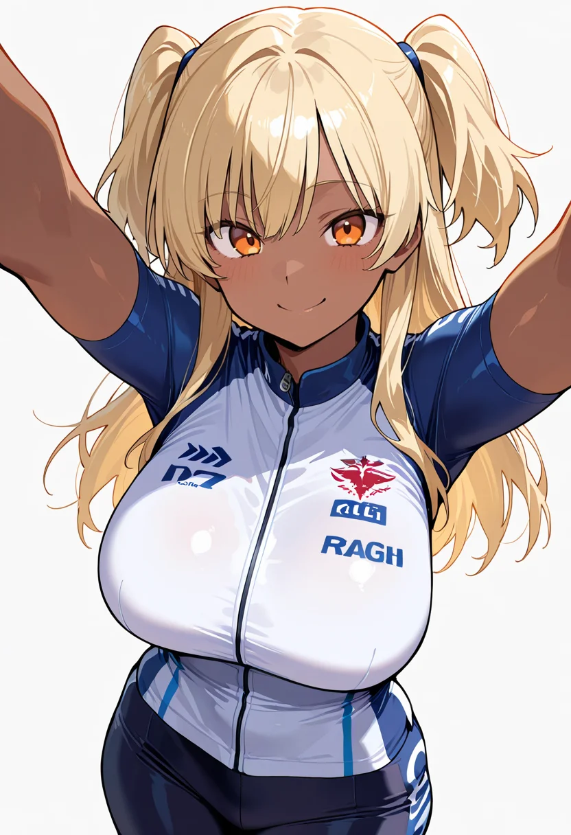 masterpiece, best quality, amazing quality, simple background,((outlined outlined vector graphics)), simple background, white background,
1girl, solo, female focus ,20yo, (large breast:1.2), orange eyes, (blonde hair:1.3),long hair, (two side up:1.1), (dark skin:1.6), dark skin girl, (tall:1.2), (abs:0.7),bangs, looking at viewer ,smile, happy, ,,cowboy shot,cycling wear, cycling-wear, cute face , short sleeves <lora:cycling-wear-il-01:0.7>