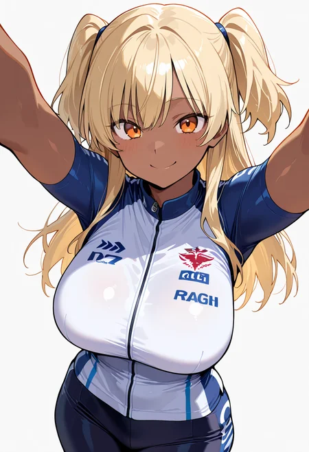 masterpiece, best quality, amazing quality, simple background,((outlined outlined vector graphics)), simple background, white background,
1girl, solo, female focus ,20yo, (large breast:1.2), orange eyes, (blonde hair:1.3),long hair, (two side up:1.1), (dark skin:1.6), dark skin girl, (tall:1.2), (abs:0.7),bangs, looking at viewer ,smile, happy, ,,cowboy shot,cycling wear, cycling-wear, cute face , short sleeves <lora:cycling-wear-il-01:0.7>