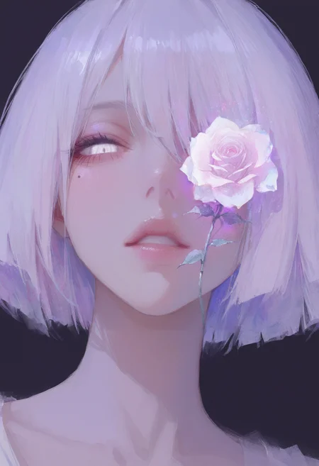 masterpiece, best quality, amazing quality, lldn, watercolor, detailed drawing, 1girl, flower, mole, solo, portrait, rose, glowing, mole under eye, parted lips, looking at viewer, simple background, black background, purple theme, glowing eyes, white eyes, short hair
<lora:ppw_v7_animv4_1_r2:0.6> <lora:748cm_illu:0.6> 7481llu <lora:69yottea_illu_v2:0.4> <lora:illustrious_all_rated_v1:0.6> masterpiece, best quality, very aesthetic, <lora:LLDN-IL:0.6>